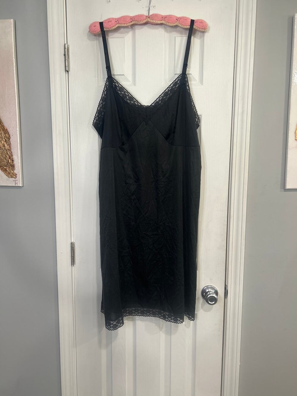 VTG Vanity Fair Black Nylon Slip Dress Antron III Lace Size 46 24 Plus 3X Gothic